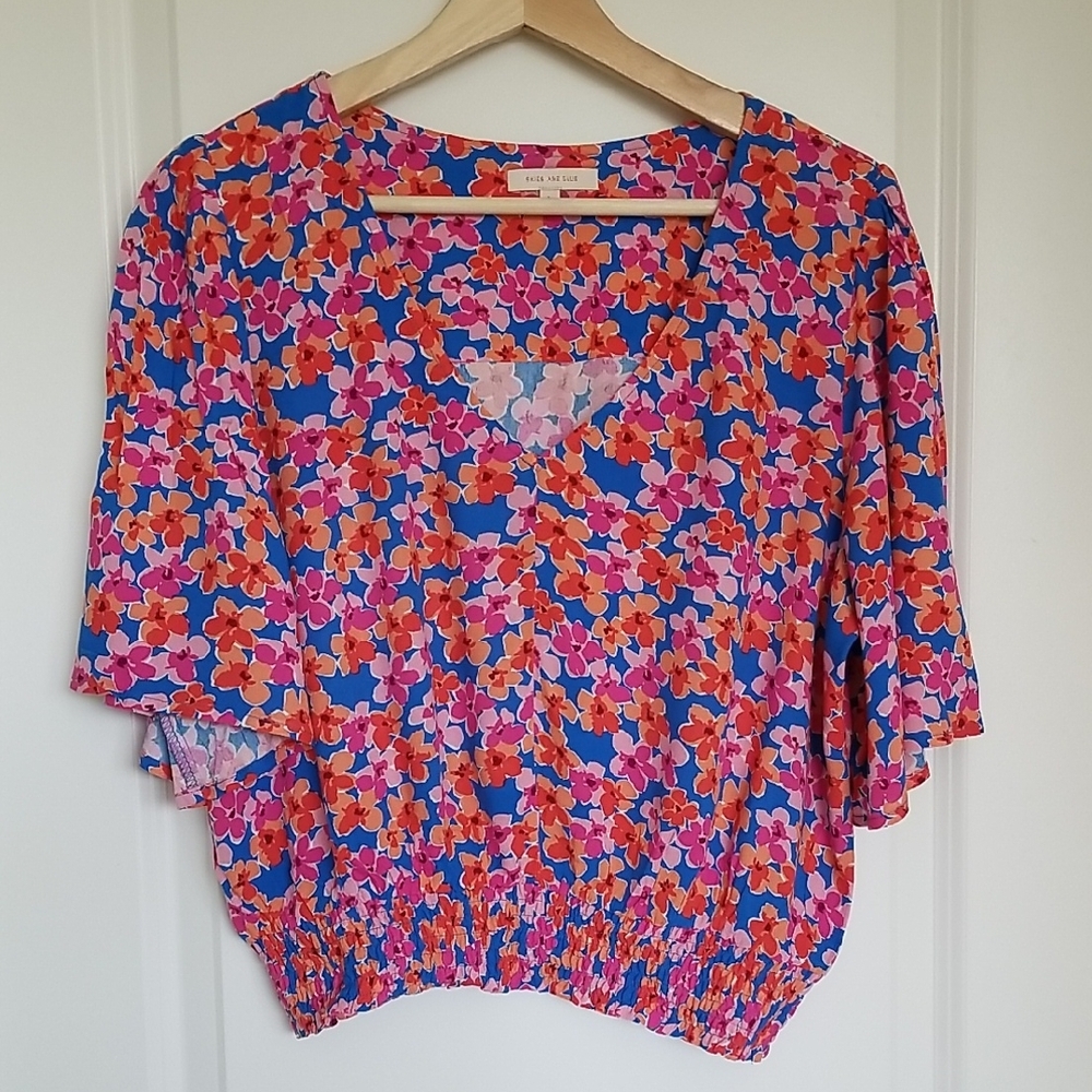 Skies Are Blue Boxy Ruffled Blouse Pink and Blue